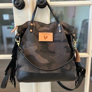 Meanwhile Back On The Farm Waxed Black Camo Fringe Backpack. LIKE NEW